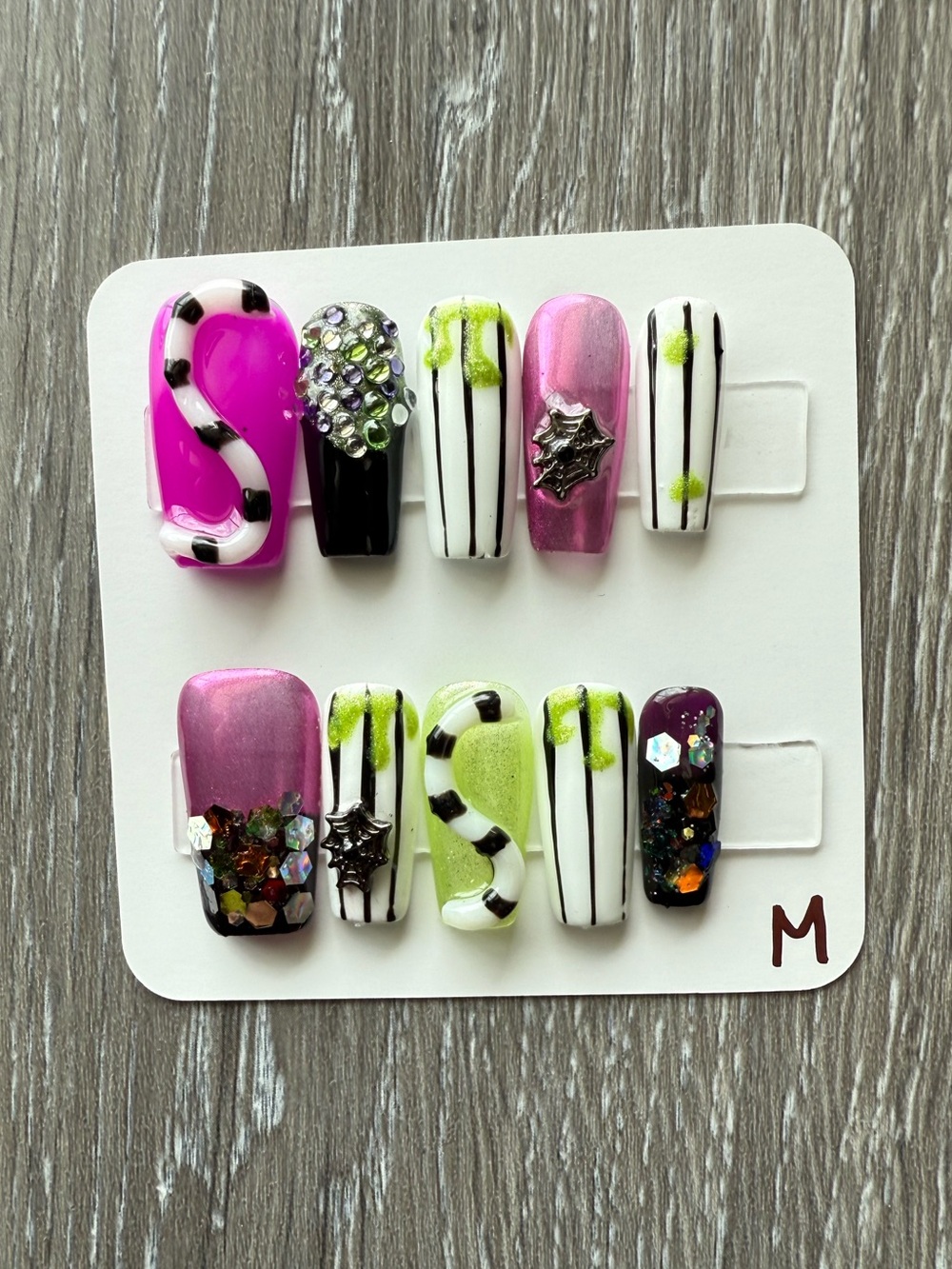 Bold purple & Lime Press-On Nails with Black Stripe Accents Halloween